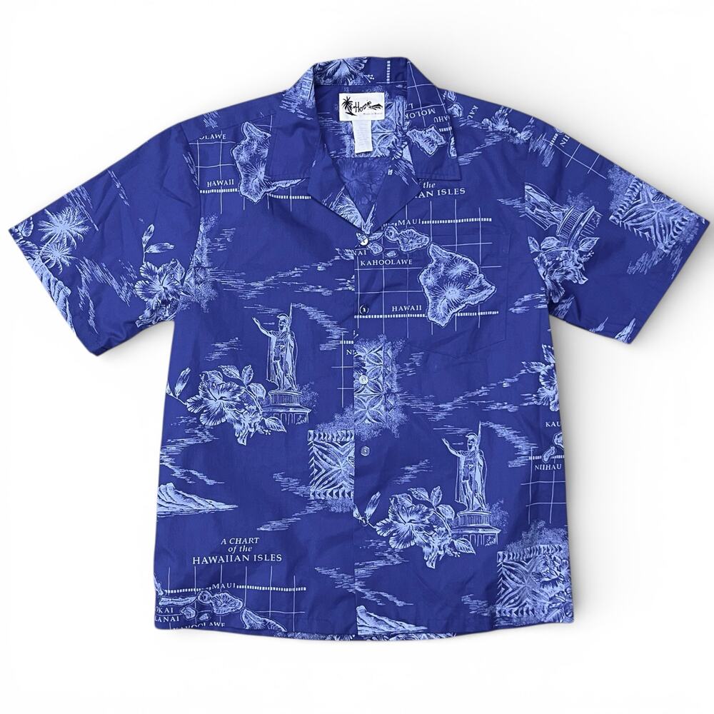 Vintage Howie Hawaiian Islands Shirt USA Made King Kamehameha Tropical Blue S M